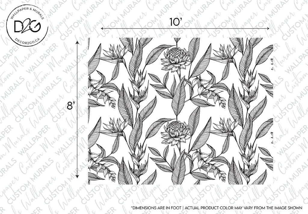 Decor2Go Wallpaper Mural featuring a Paradise Flower Wallpaper Mural with a black and white floral landscape design, marked with dimensions for size reference.