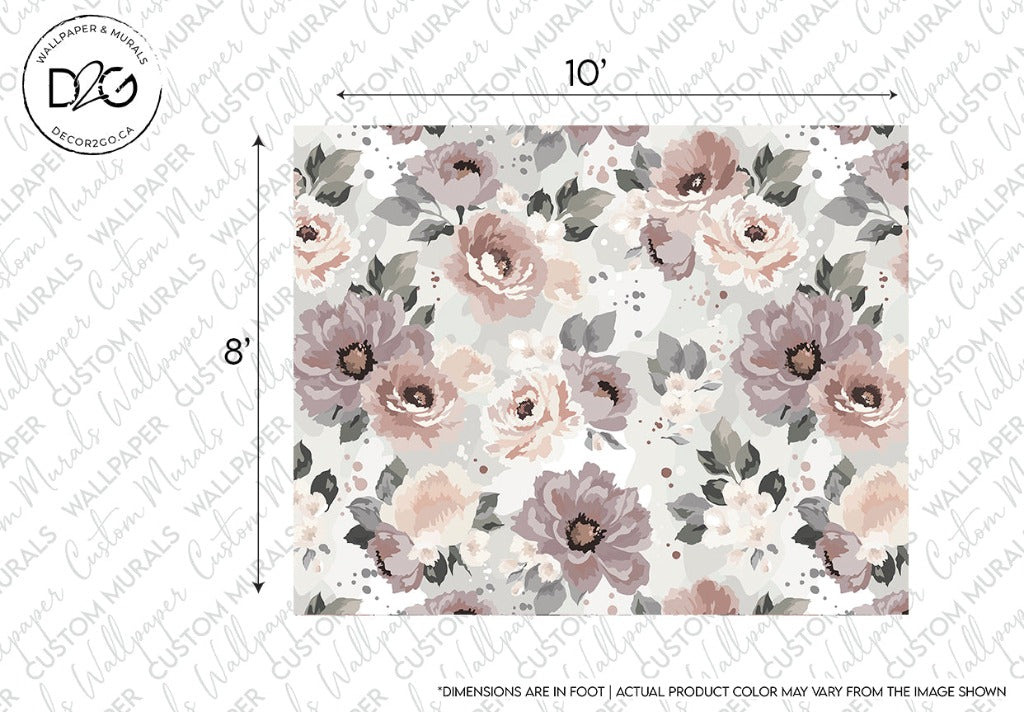 A watercolor-style floral Decor2Go Wallpaper Mural design measuring 8 by 10 feet, featuring a pattern of dusty pink and taupe flowers with muted green foliage against a speckled grey background.