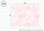 Sketch of a floral pattern with dimensions marked as 10 by 8 inches, featuring the Decor2Go Wallpaper Mural Pink Peonies Outline Wallpaper Mural, outlined in pink on a white background. The note states, "dimensions are in feet.