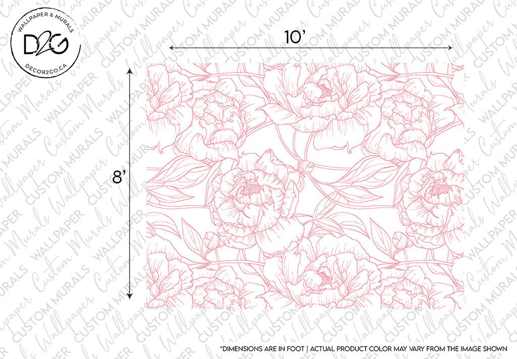 Sketch of a floral pattern with dimensions marked as 10 by 8 inches, featuring the Decor2Go Wallpaper Mural Pink Peonies Outline Wallpaper Mural, outlined in pink on a white background. The note states, "dimensions are in feet.