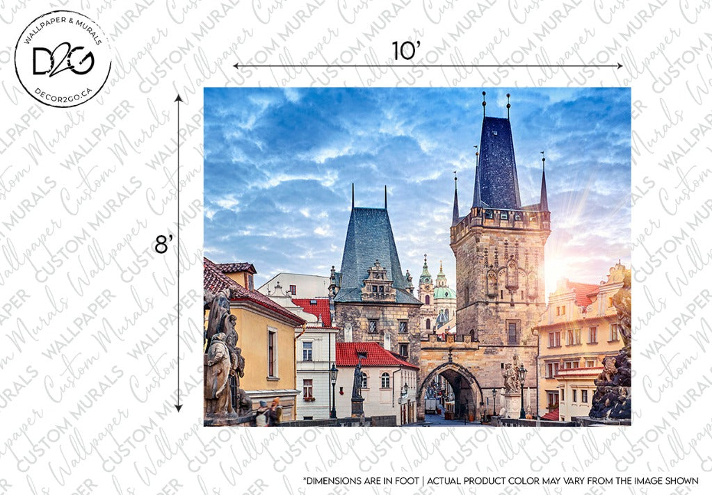 Sunlight illuminates Prague's historic cityscape, featuring prominent Gothic towers and a statue overlooking cobblestones, under a pastel sky. Decor2Go Wallpaper Mural with dimensions labeled.