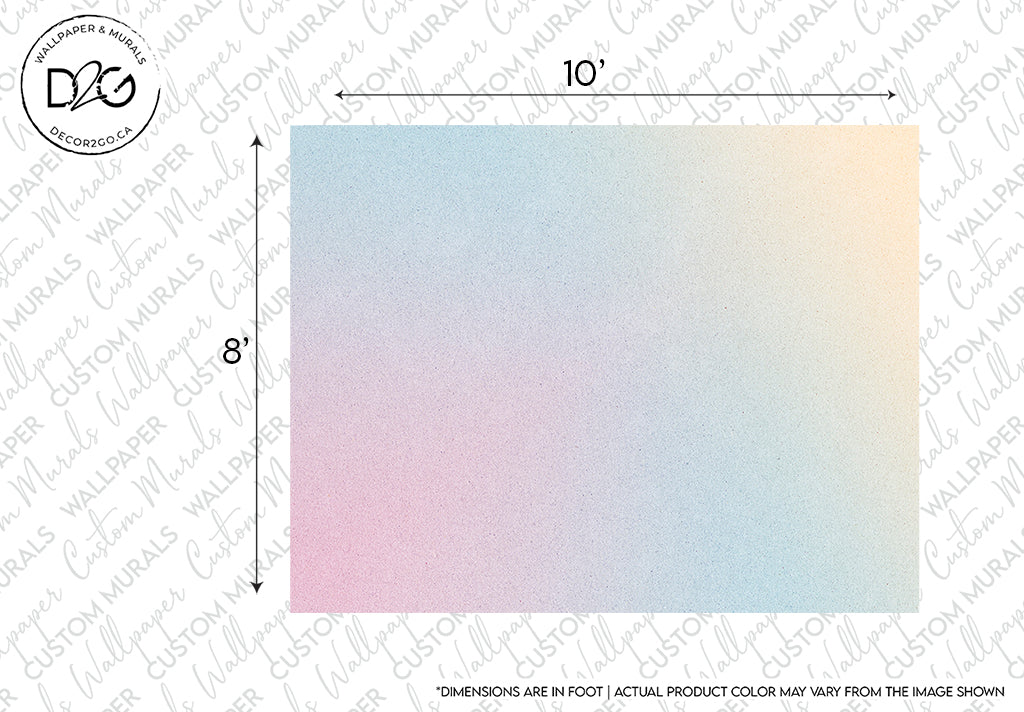 A Rainbow Mist Wallpaper Mural sample measuring 10 by 8 inches, featuring a gradient color transition from blue on the left to pink on the right, with a watermark text overlay, crafted from high-quality materials. Made by Decor2Go Wallpaper Mural.