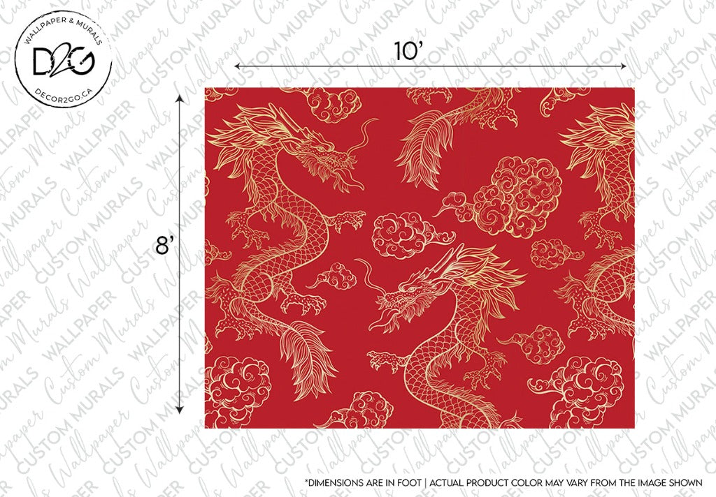 A Red Dragon Wallpaper Mural design featuring a pattern of golden dragons and clouds, intended for use as an Oriental wallpaper, with a scale indicating the fabric dimensions of 10 by 8 feet from Decor2Go Wallpaper Mural.