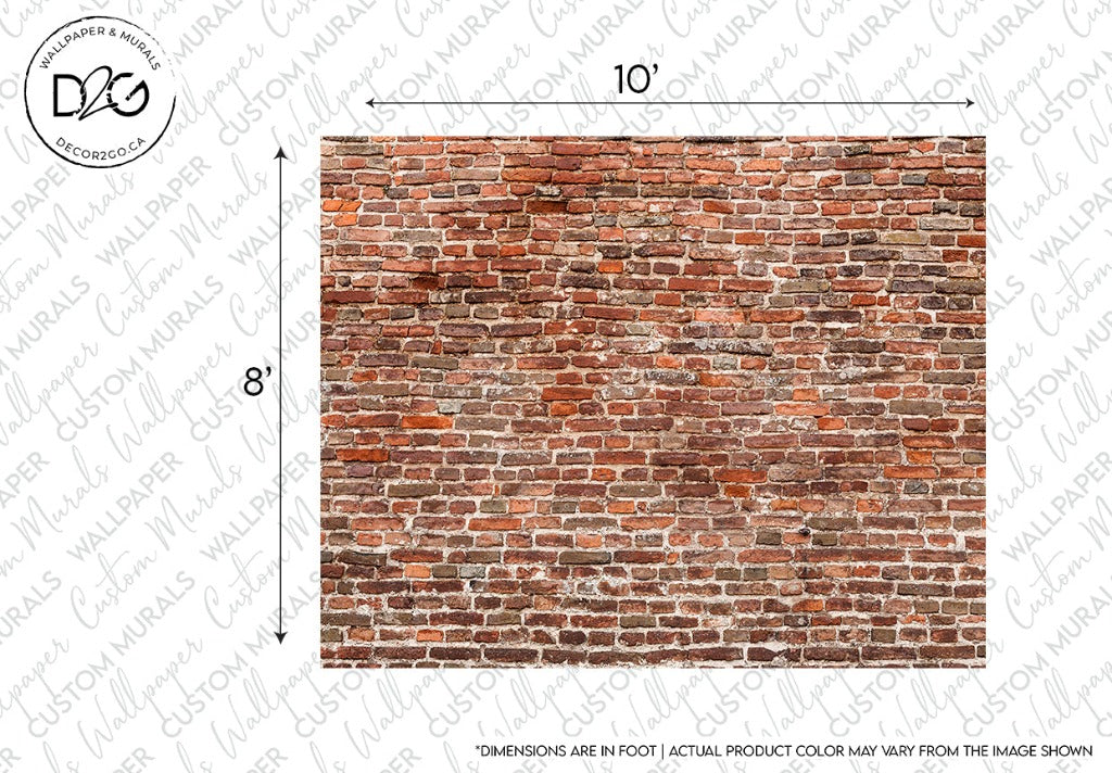 A textured image featuring an Washed Classic Brick Wall Wallpaper Mural from Decor2Go Wallpaper Mural, noted with dimension markers and a disclaimer