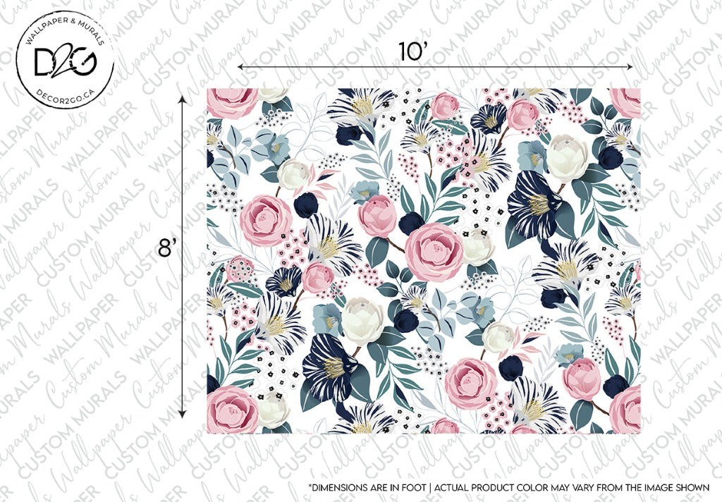 A playful floral fabric pattern featuring a mix of roses and other flowers in shades of pink and blue with green and black foliage, set against a white background, with size markers indicating 10 by 8. This is the Air Balloon Whale Wallpaper Mural from Decor2Go Wallpaper Mural.