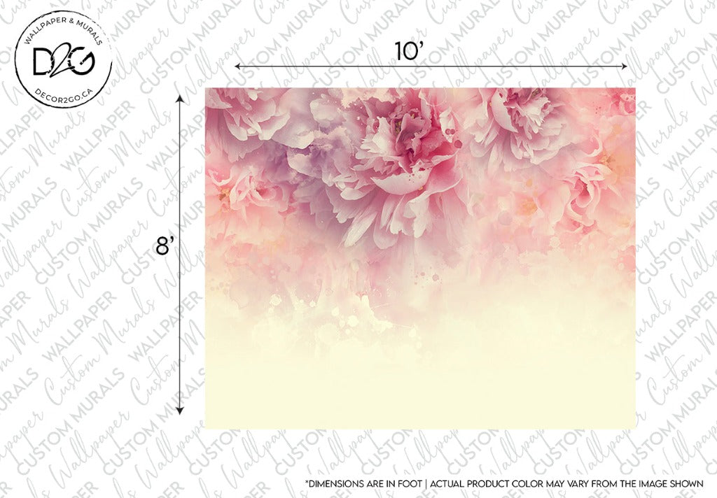 Watercolor illustration of Decor2Go Wallpaper Mural's Rose Peonies Wallpaper Mural with a gradient to white at the bottom, creating a romantic ambiance. Dimensions noted for a custom print.