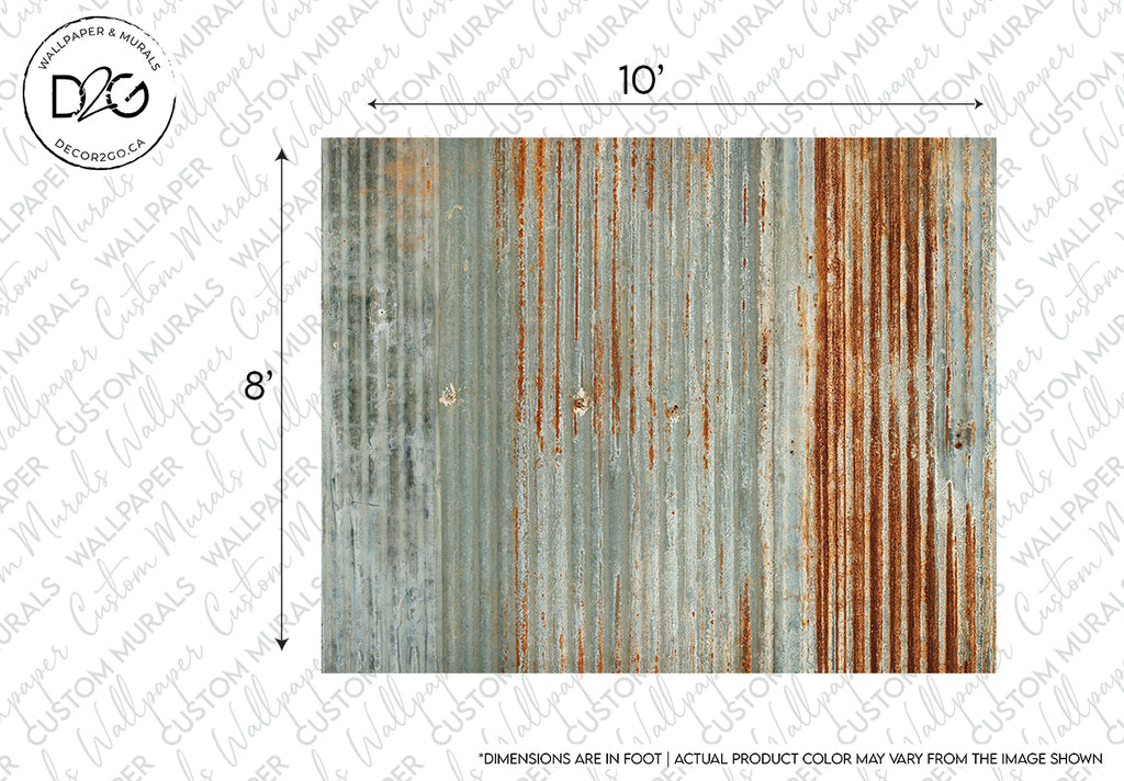 A textured background showing a rustic industrial metal surface with alternating vertical stripes of blue paint and areas of rust, reminiscent of the Decor2Go Wallpaper Mural Rusted Sheet Metal Wallpaper Mural. Dimensions of 10 by 8 feet are noted, indicating its size.