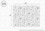 Black and white line art wallpaper design featuring whimsical forest animals like hedgehogs, birds, and rabbits, along with various plants and trees. This Sketchbook Garden Wallpaper Mural offers minimalist styling with dimensions labeled as 10 feet by 8 feet. Background has text branding from the Decor2Go Wallpaper Mural manufacturer.