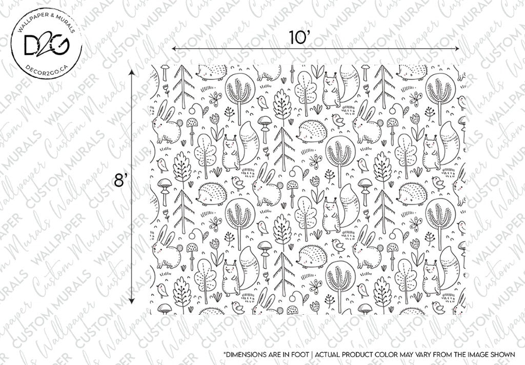 Black and white line art wallpaper design featuring whimsical forest animals like hedgehogs, birds, and rabbits, along with various plants and trees. This Sketchbook Garden Wallpaper Mural offers minimalist styling with dimensions labeled as 10 feet by 8 feet. Background has text branding from the Decor2Go Wallpaper Mural manufacturer.