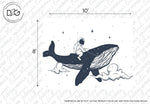 An illustration of an astronaut riding a whale in outer space. The whale is surrounded by clouds and stars, creating a dream-like aesthetic. The image's dimensions are 10 feet by 8 feet, featuring the text "Wallpaper & Murals by Decor2Go Wallpaper Mural" in the background. Custom sizing for this Space Whale Wallpaper Mural is available.
