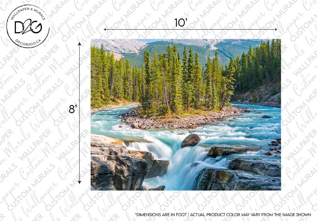 A scenic Sunwapta Falls Wallpaper Mural featuring a vibrant river flowing through Sunwapta Falls, cascading over rocks in a vivid landscape, with custom sizing options for potential buyers by Decor2Go Wallpaper Mural.