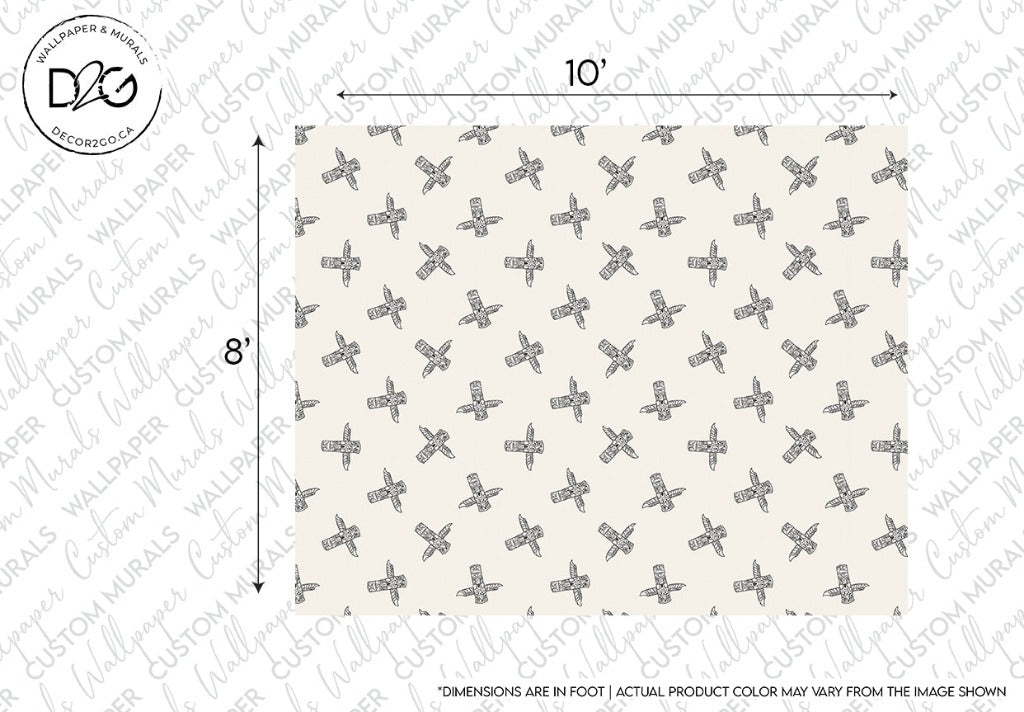 A fabric swatch measuring 10 by 8 feet with a repeated pattern of small, grey totem poles on a white background, including a disclaimer about possible color variation from the image shown, by Decor2Go Wallpaper Mural.