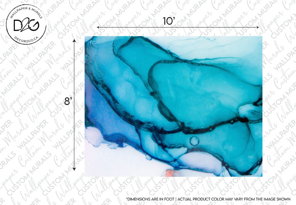 Abstract art print featuring flowing shapes in shades of blue, turquoise, and white from the Turquoise Ink Wallpaper Mural by Decor2Go Wallpaper Mural, with dimensions marked as 10 inches by 8 inches. Text notes that actual color may vary from the image shown.
