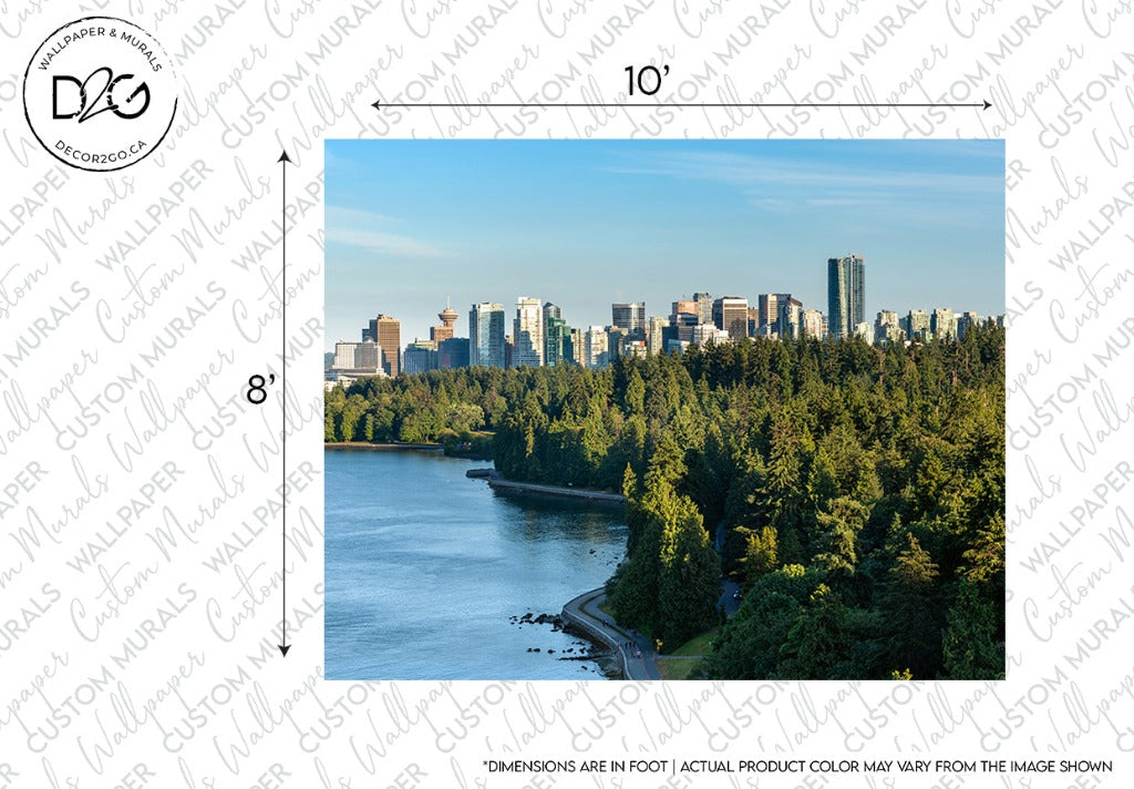 Aerial view of a lush green park bordering a beach with a backdrop of the Vancouver Summer Skyline under a clear sky, framed for a Decor2Go Wallpaper Mural display with dimensions labeled on a watermark overlay.