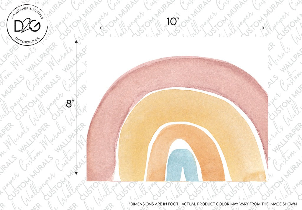 Watercolor pastel rainbow wallpaper with muted tones of peach, cream, and light blue, displayed with dimensions indicating 10 inches by 8 inches. Ideal for children's room decor. - Decor2Go Wallpaper Mural Watercolor Rainbow Wallpaper Mural