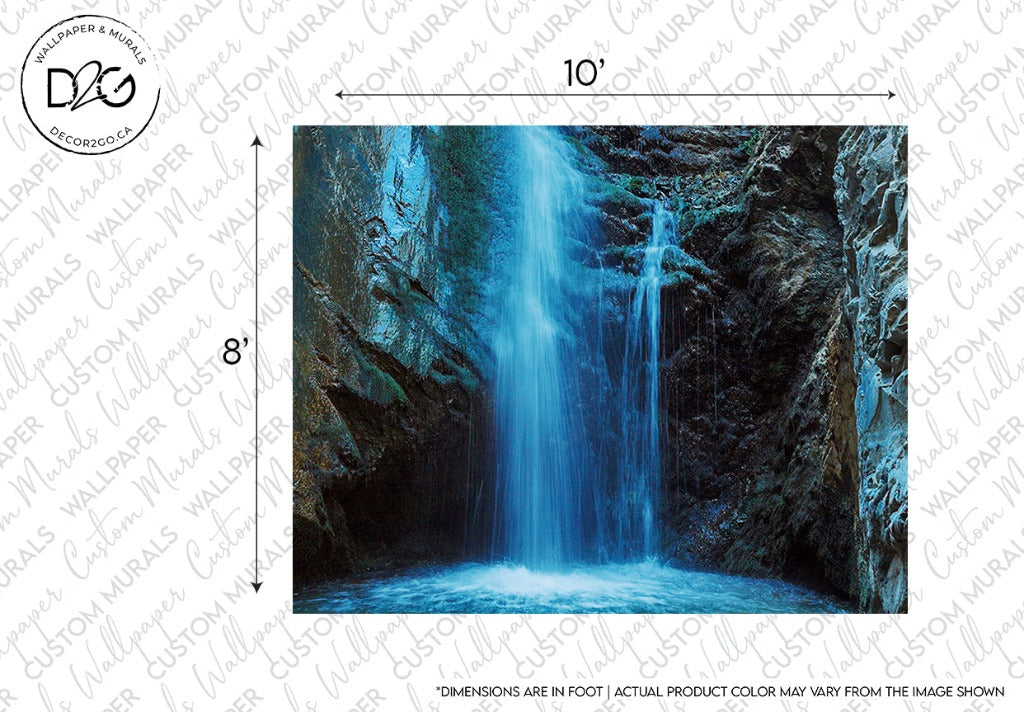A premium quality Decor2Go Wallpaper Mural of a waterfall in a rocky setting. Water cascades down a steep, rugged surface into a pool below, creating a serene sanctuary. Measuring 10 feet wide by 8 feet high, the Waterfall Cave Wallpaper Mural displays dimensions on the image and adds tranquil beauty to any space.