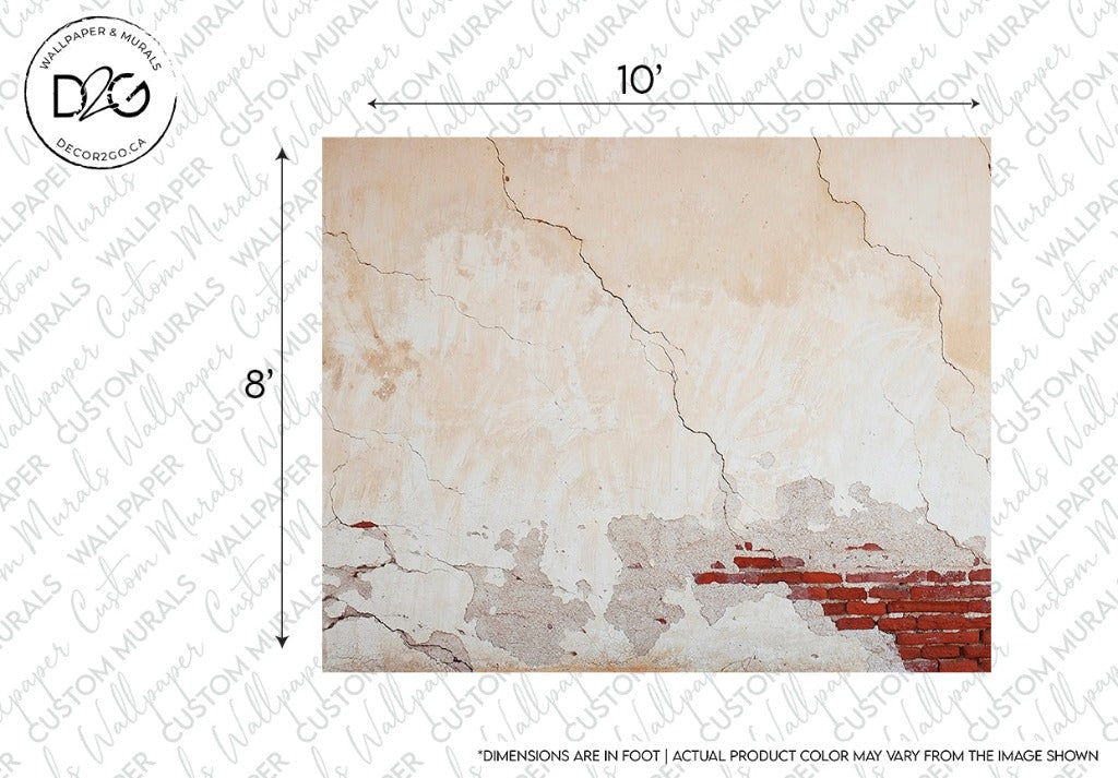 This image shows a sample of Decor2Go Wallpaper Mural's Weathered Wall Wallpaper Mural featuring cracks and peelings that reveal underlying red brick textures, dimensions marked as 10 feet by 8 feet.