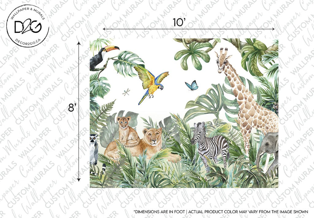 The Decor2Go Wallpaper Mural featuring the Wild Animals and the Jungle Watercolor Mural Wallpaper showcases a variety of jungle animals surrounded by lush greenery. The wallpaper showcases animals including a toucan, a colorful parrot, lions and lioness, a zebra, a giraffe, and an elephant. A butterfly is also visible. Dimensions noted as 10 feet by 8 feet.
