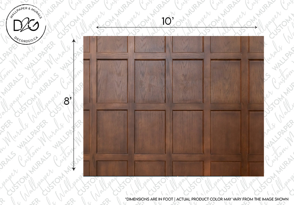 An image showcasing a rustic design with Wood Panels III Wallpaper Mural, measuring 10 feet by 8 feet, featuring rectangular sections. Watermarked background with text: "Decor2Go Wallpaper Mural" and "CUSTOM WALLPAPER", among other repeated words. Note: "Dimensions are in feet | Actual product color may vary.