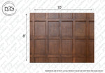 An image showcasing a rustic design with Wood Panels III Wallpaper Mural, measuring 10 feet by 8 feet, featuring rectangular sections. Watermarked background with text: "Decor2Go Wallpaper Mural" and "CUSTOM WALLPAPER", among other repeated words. Note: "Dimensions are in feet | Actual product color may vary.