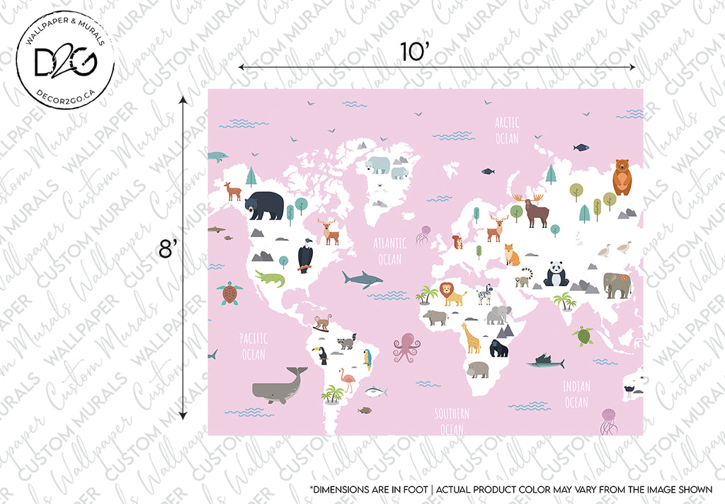 Illustrative Decor2Go Wallpaper Mural showing various animals on continents and oceans, labeled with ocean names and depicted in pastel colors; useful for educational mural purposes.