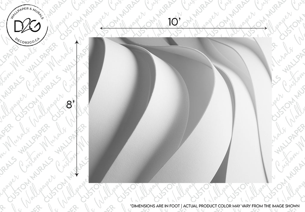 Black and white image of an abstract art mural featuring a series of curved shapes, resembling smooth waves, with a 10-inch and 8-inch scale for reference from the Decor2Go Wallpaper Mural 3D Dream Cascade Wallpaper Mural.