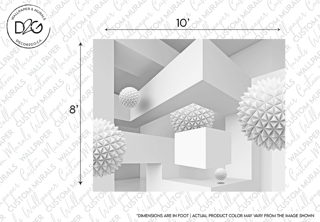 Decor2Go 3D White Wallpaper Mural featuring various shapes including cubes and spiked spheres, with measurements indicated, that captures the play of light and shadow in a minimalist style.