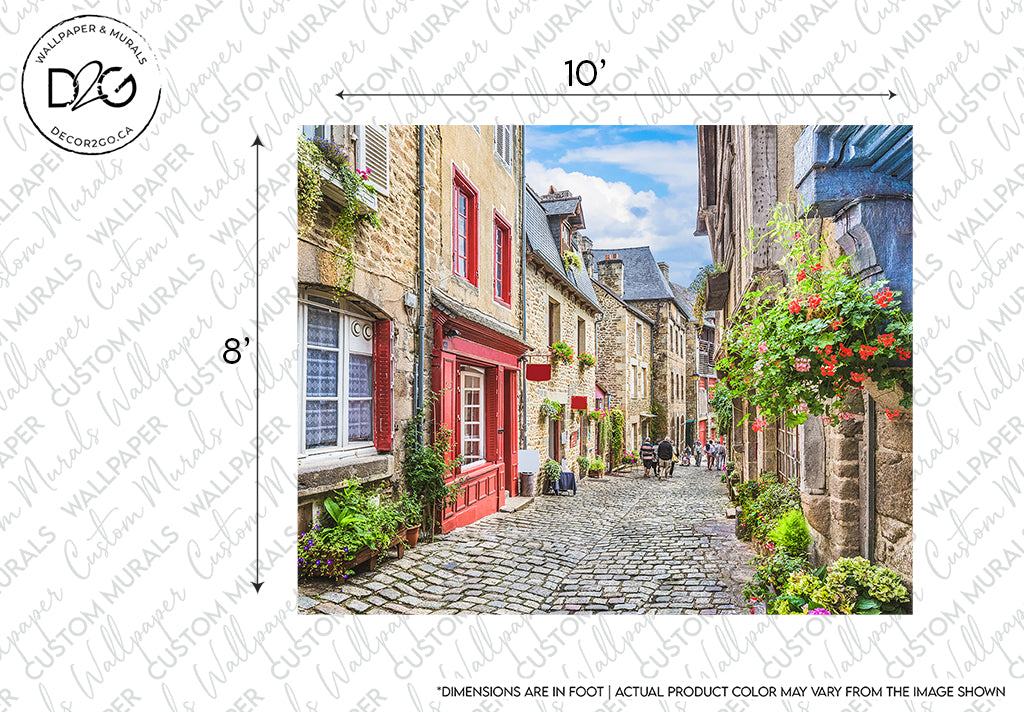 A picturesque cobblestone street lined with traditional stone buildings, adorned with bright red doors and flowering baskets, under a clear blue sky captures the aesthetic elegance of a Decor2Go Wallpaper Mural.