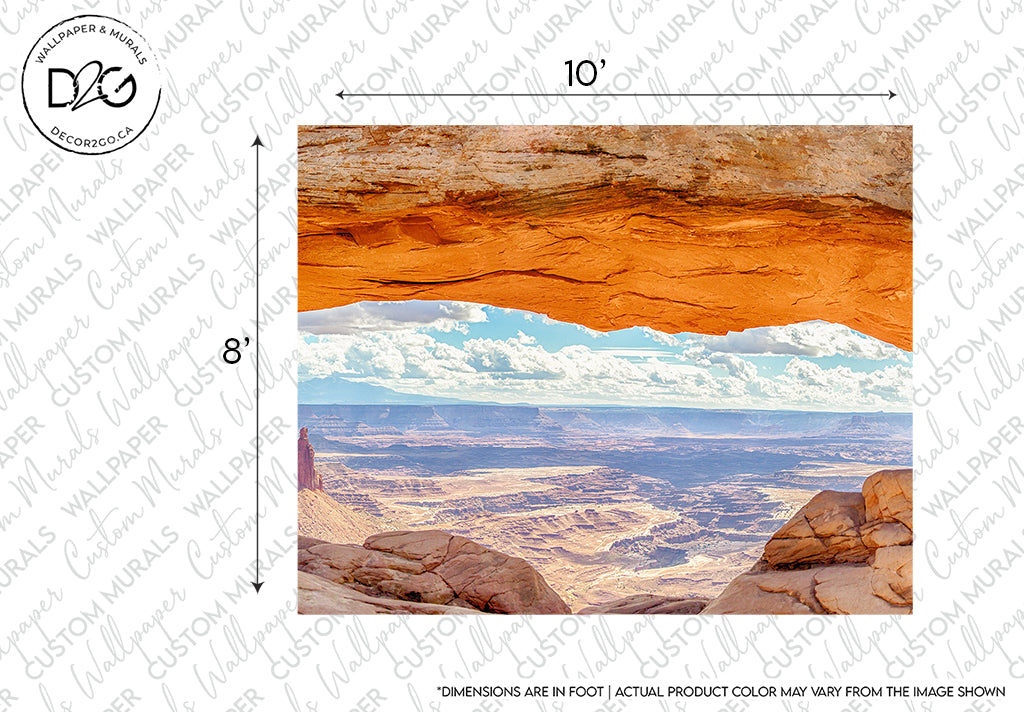 An illustrated Arch's Horizon Wallpaper Mural depicting a panoramic desert landscape viewed through a natural sandstone arch, with expansive orange rock formations under a vibrant blue sky with clouds from Decor2Go Wallpaper Mural.