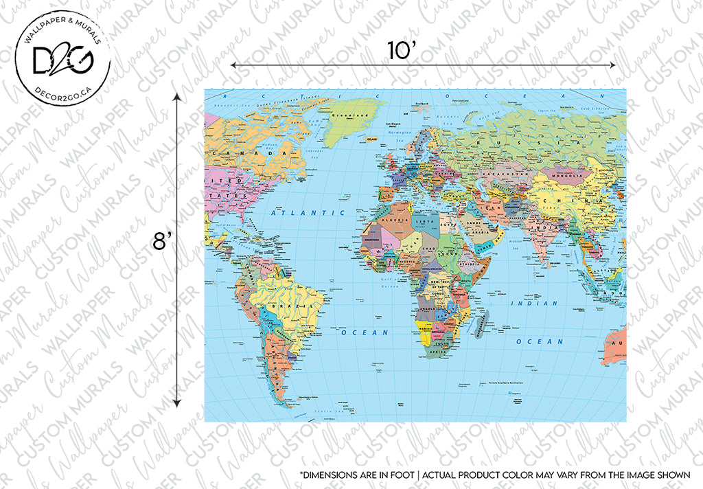 A colorful Decor2Go Wallpaper Mural showing all continents and countries with clear labels, surrounded by longitudinal and latitudinal lines, marked dimensions of 10' by 8' on the top right. Ideal for a stunning accent wall in any room.