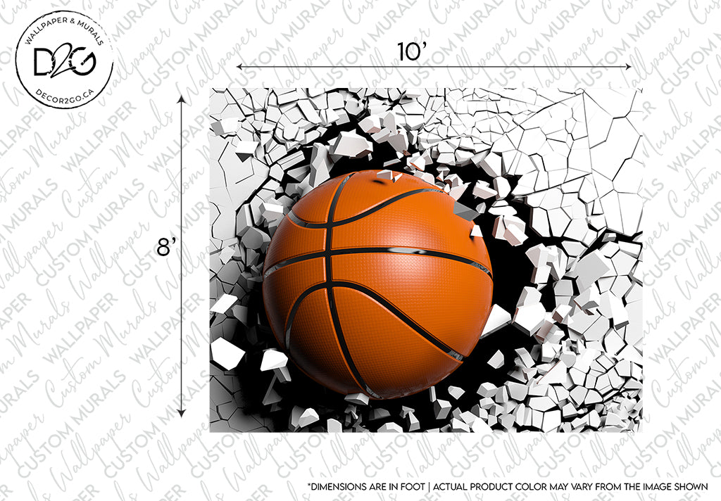 A 3D representation of a basketball breaking through a cracked white surface, creating a dynamic illusion of movement and impact. Notations for dimensions and color disclaimer are visible on the Decor2Go Wallpaper Mural.