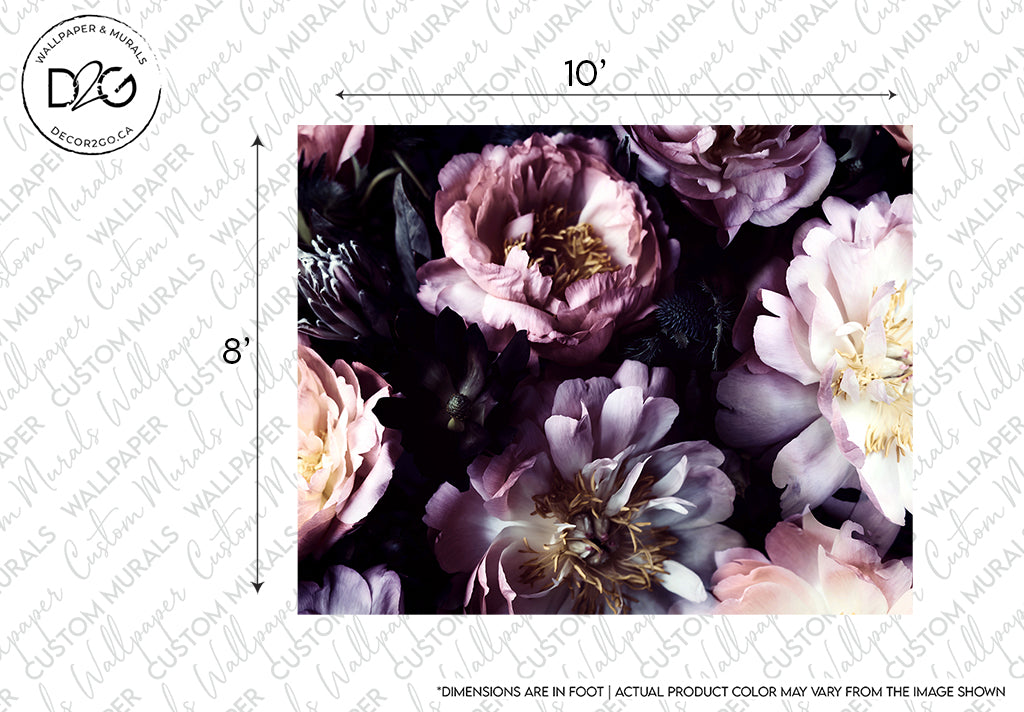 A close-up image of a rich and vibrant "Beauty of the Dark Wallpaper Mural" featuring a variety of flowers including pink peonies and white blooms, with a watermark "Decor2Go Wallpaper Mural" and size markers.