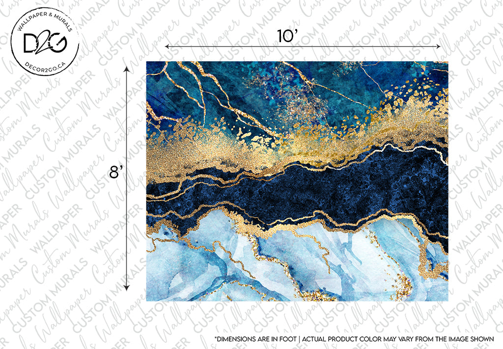 Decorative Big Blue Gold Wallpaper Mural sample featuring a luxurious design with swirling patterns of blue and gold, resembling marble or a geological formation. Size indicators and Brand Name watermark are present.
