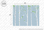 Decor2Go Wallpaper Mural Birch Trees and Birds Wallpaper Mural featuring a pattern of gray trees with white birch marks and sparse green leaves on a light blue background, designed as a serene woodland retreat, with dimensions marked