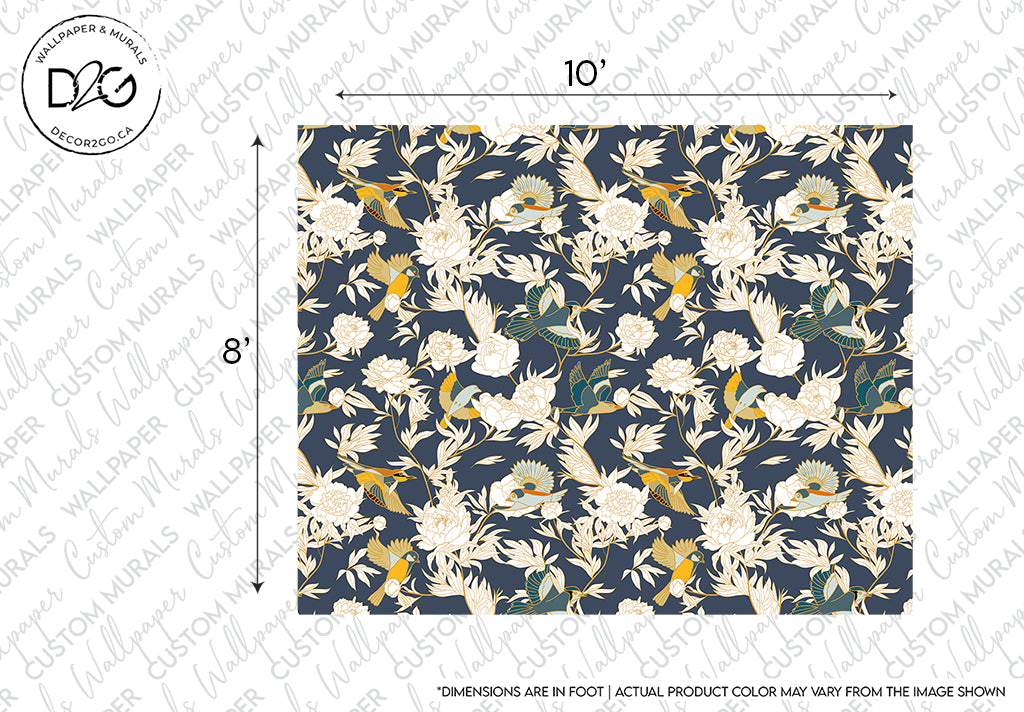 A Decor2Go Wallpaper Mural showing a dark blue background with a complex pattern of white and pale yellow flowers and leaves, with dimensions noted as 10 by 8 feet.