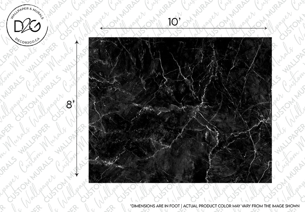 A high-resolution image of a Decor2Go Wallpaper Mural black marble wallpaper with intricate white veining, dimensions marked as 10 inches by 8 inches. Disclaimer notes that actual product color may vary.