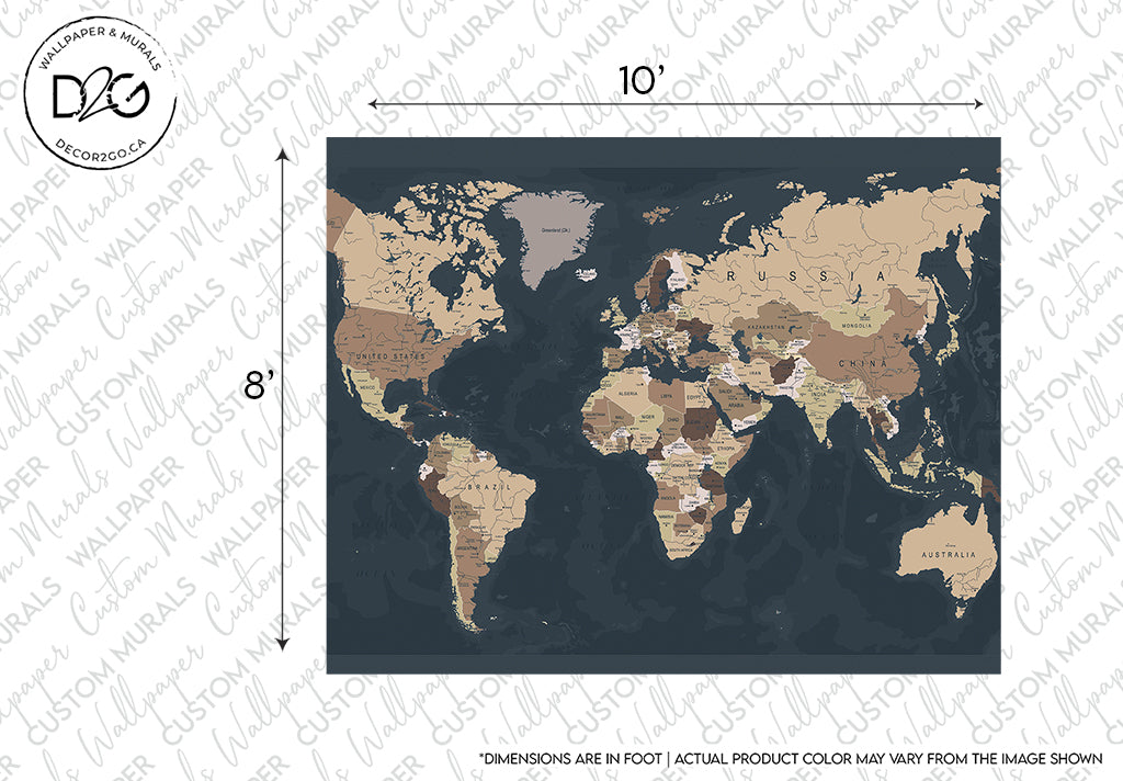 A sophisticated Decor2Go Wallpaper Mural in muted tones with country names labeled, encircled by a striped black and white border, and a logo at the top left corner. The Black and Brown World Map Wallpaper Mural is marked with dimensions showing.