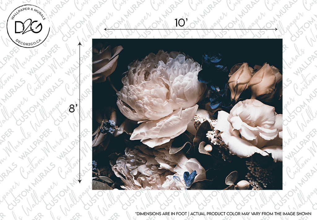 A floral wallpaper design featuring large, detailed white peonies on a dark background, with a ruler for scale. Text notes that dimensions and colors may vary from the Decor2Go Wallpaper Mural - Bouquet of White Peonies Wallpaper Mural.