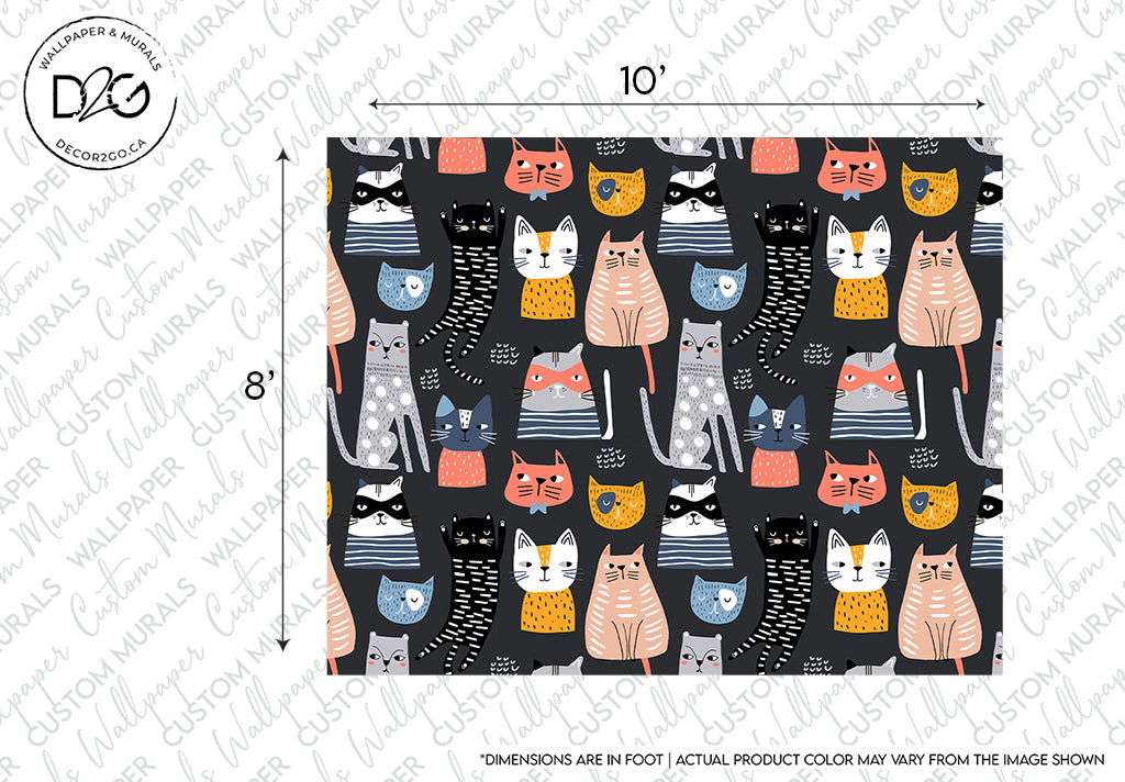 A colorful fabric swatch featuring a playful pattern of Decor2Go Wallpaper Mural's Cartoon Cats Wallpaper Mural, with various cartoon cats in shades of orange, grey, and blue, each cat in unique poses on a black spotted background.