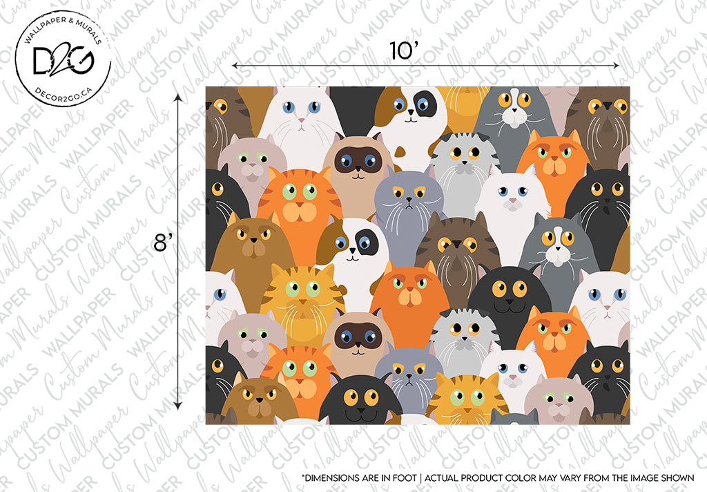An array of cartoon cats with various colors and expressions packed together within a labeled 10x8 foot Cat Party Wallpaper Mural, with a notice about possible color variation in the actual Decor2Go Wallpaper Mural.