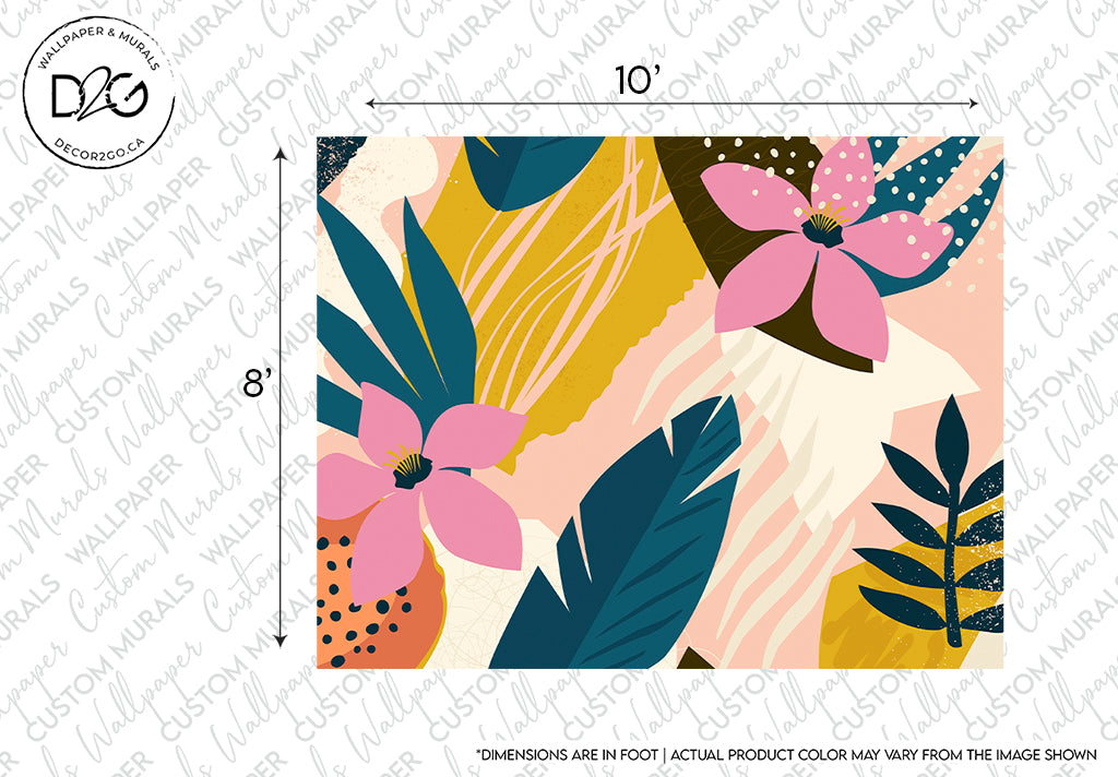 Colorful abstract Collage Contemporary Floral Wallpaper Mural design featuring large pink flowers, various leaves, and geometric shapes in shades of yellow, pink, and teal, with an overlay of dimension markings by Decor2Go Wallpaper Mural.