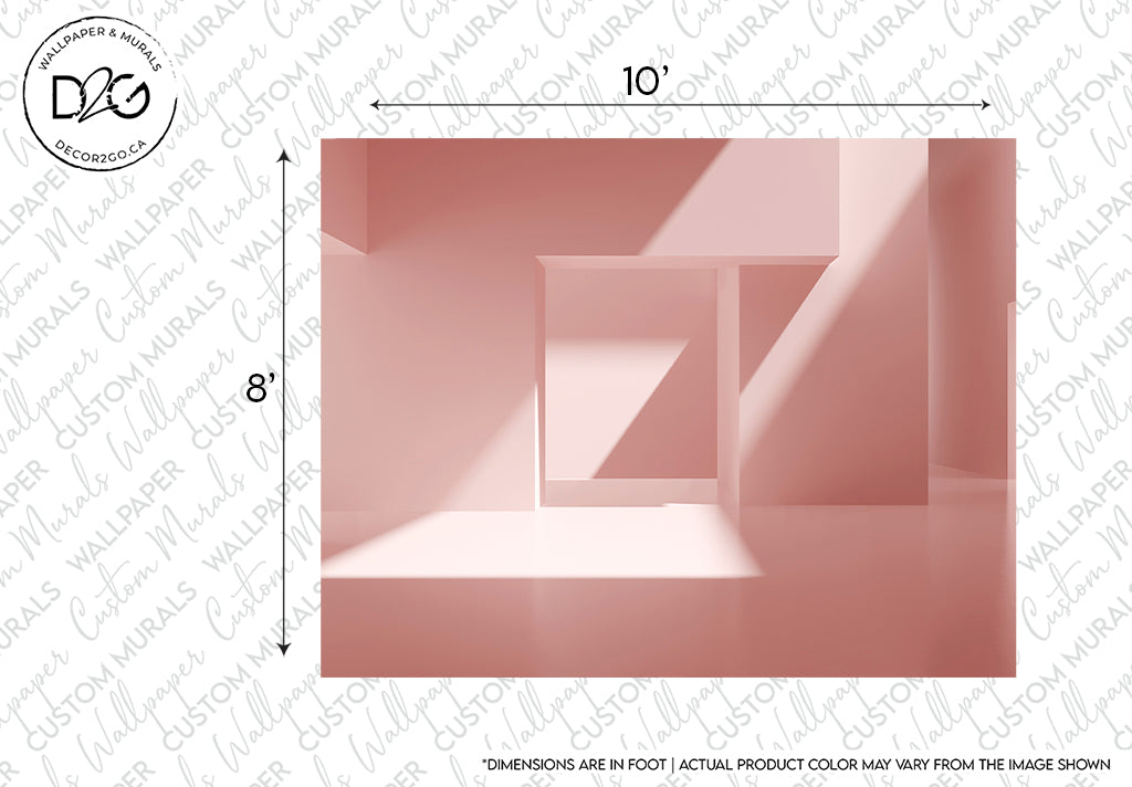 A conceptual image showcasing a minimalist geometric form with a series of pink squares and rectangles under soft lighting. Dimensions are labeled, highlighting a 10" by 8" size in a high-quality rendering of the Decor2Go Wallpaper Mural Contemporary Pink Interior Design 3D Wallpaper Mural.