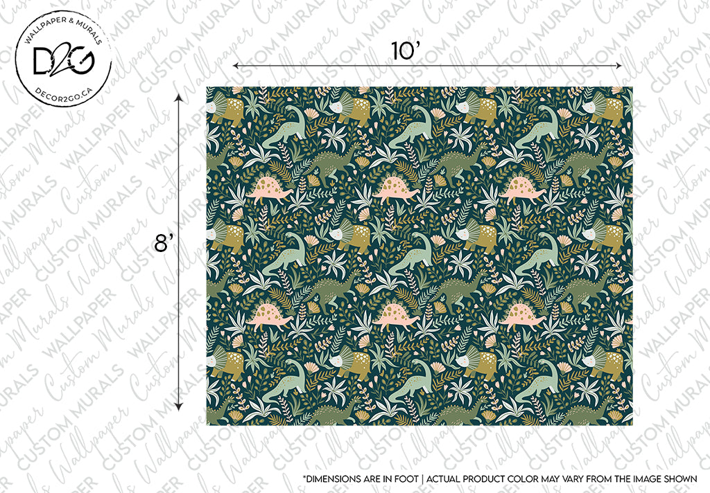 A Dinosaur Wilderness Wallpaper Mural sample by Decor2Go Wallpaper Mural featuring a repeating pattern of green leaves and light pink flamingos intertwined with colorful dinosaurs on a dark green background, with dimensions marked as 10 feet by 8 feet.