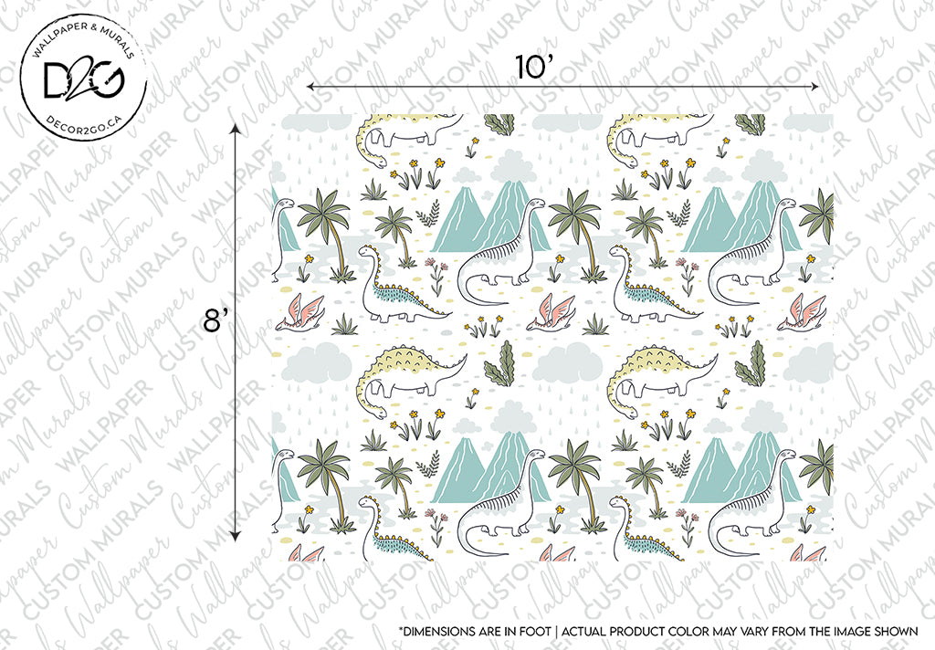 A playful Dinosaurs Wallpaper Mural from Decor2Go Wallpaper Mural featuring a pattern of dinosaurs, palm trees, and tropical elements, set against a light background, with measurement markings along the edges.