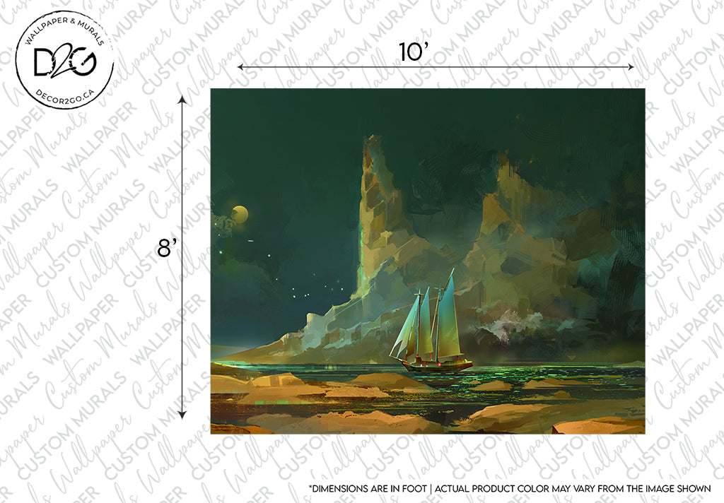 A vibrant digital painting of a sailboat on the sea at dusk, near towering cliffs under a starry sky, with subtle measurement lines indicating the dimensions of the Decor2Go Dreaming Boat Wallpaper Mural.