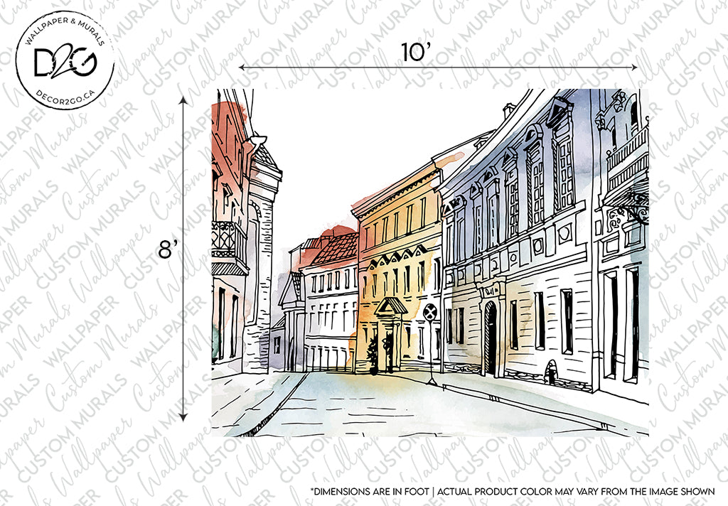 Illustration of a picturesque European alley featuring detailed, colorful facades of traditional buildings with the dimensions of 10 feet by 8 feet indicated on the Decor2Go Wallpaper Mural.