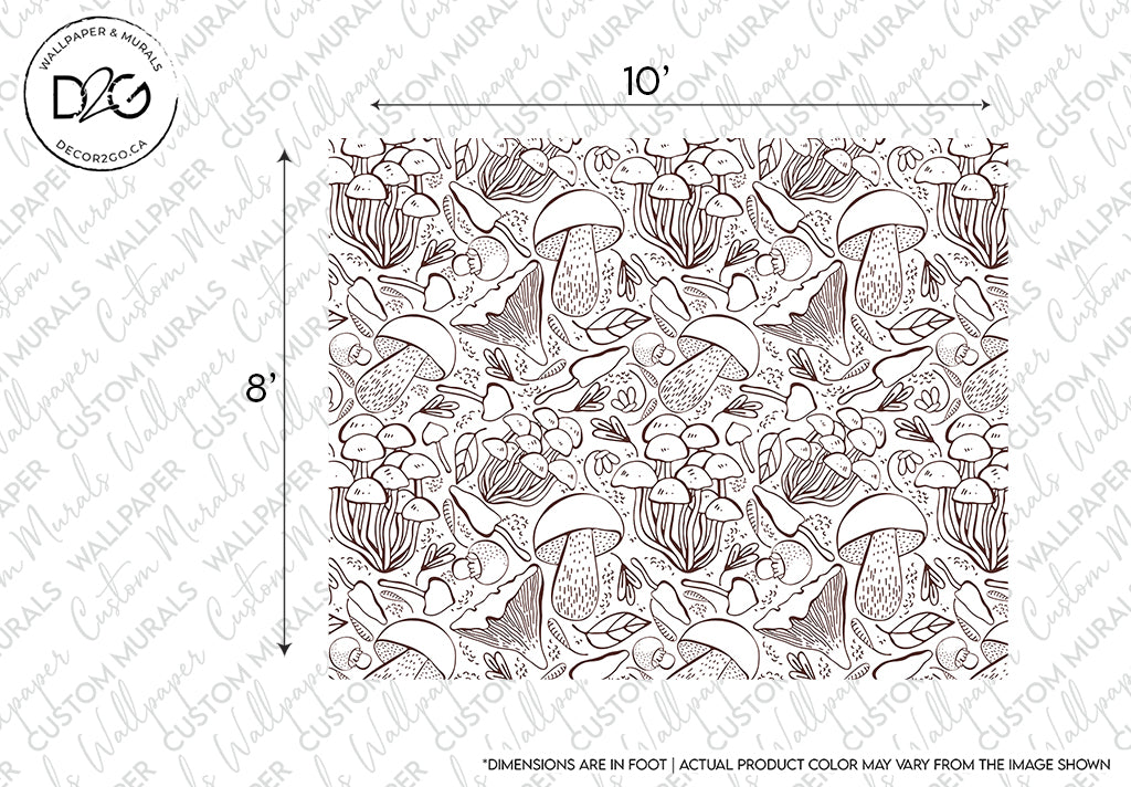 A black and white illustration of various mushrooms, each with distinct shapes and patterns, densely packed together on a 10x8 inch surface, intended for coloring or decorative purposes as an Exotic Plants Sketch Wallpaper Mural by Decor2Go Wallpaper Mural.