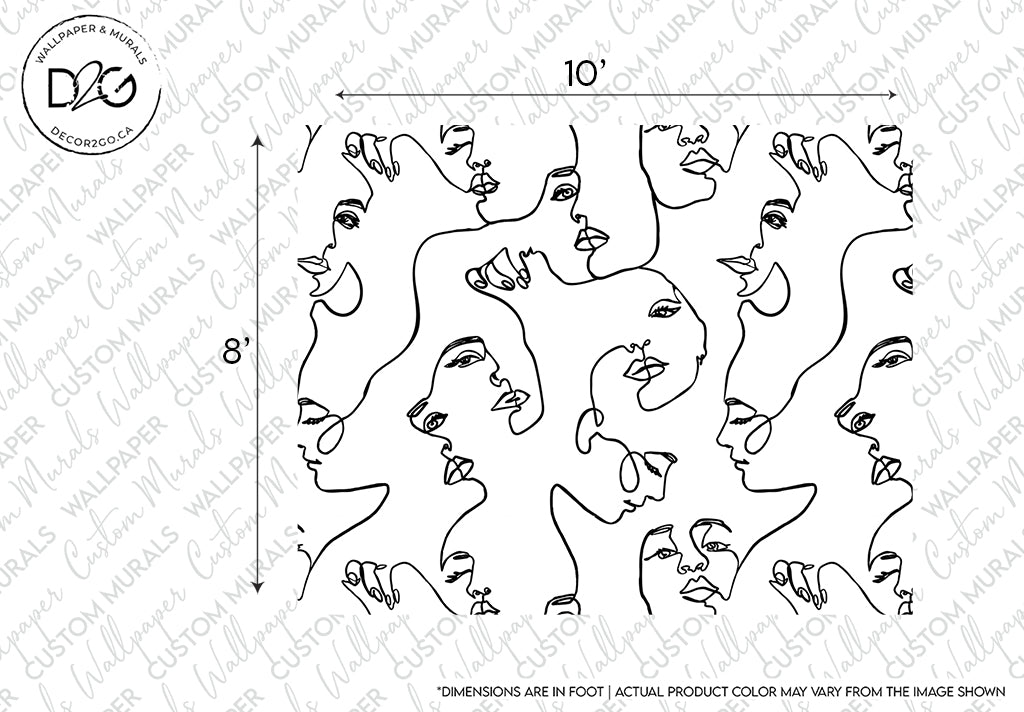 A black and white abstract Familiar Faces Wallpaper Mural design featuring a repetitive pattern of various stylized female faces depicted with simple, flowing single-line drawings. Dimensions indicate the size of the wallpaper mural by Decor2Go Wallpaper Mural.