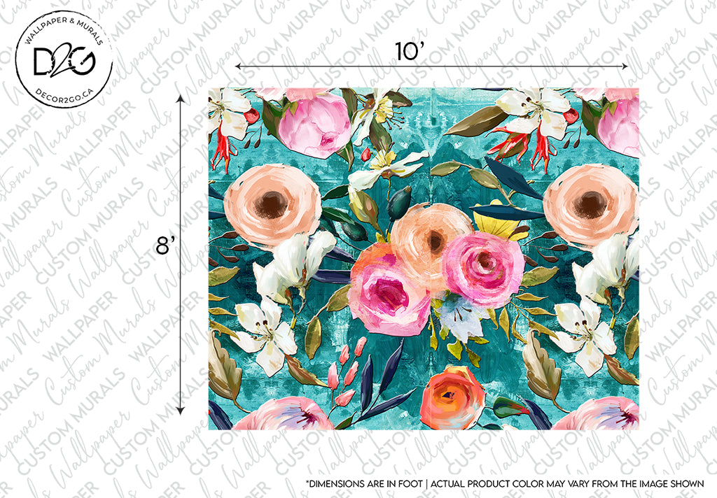 A Decor2Go Wallpaper Mural floral oil paint wallpaper mural design, featuring vibrant pink and peach roses with green leaves on a teal background, measuring 8 by 10 feet. "Actual product color may vary" noted at the bottom.