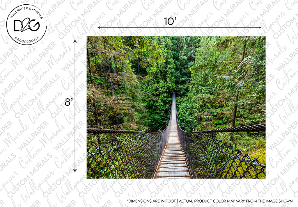 A narrow wooden Decor2Go Wallpaper Mural suspension bridge crosses a lush forested gorge, surrounded by tall green coniferous trees. The perspective is from the bridge looking forward.